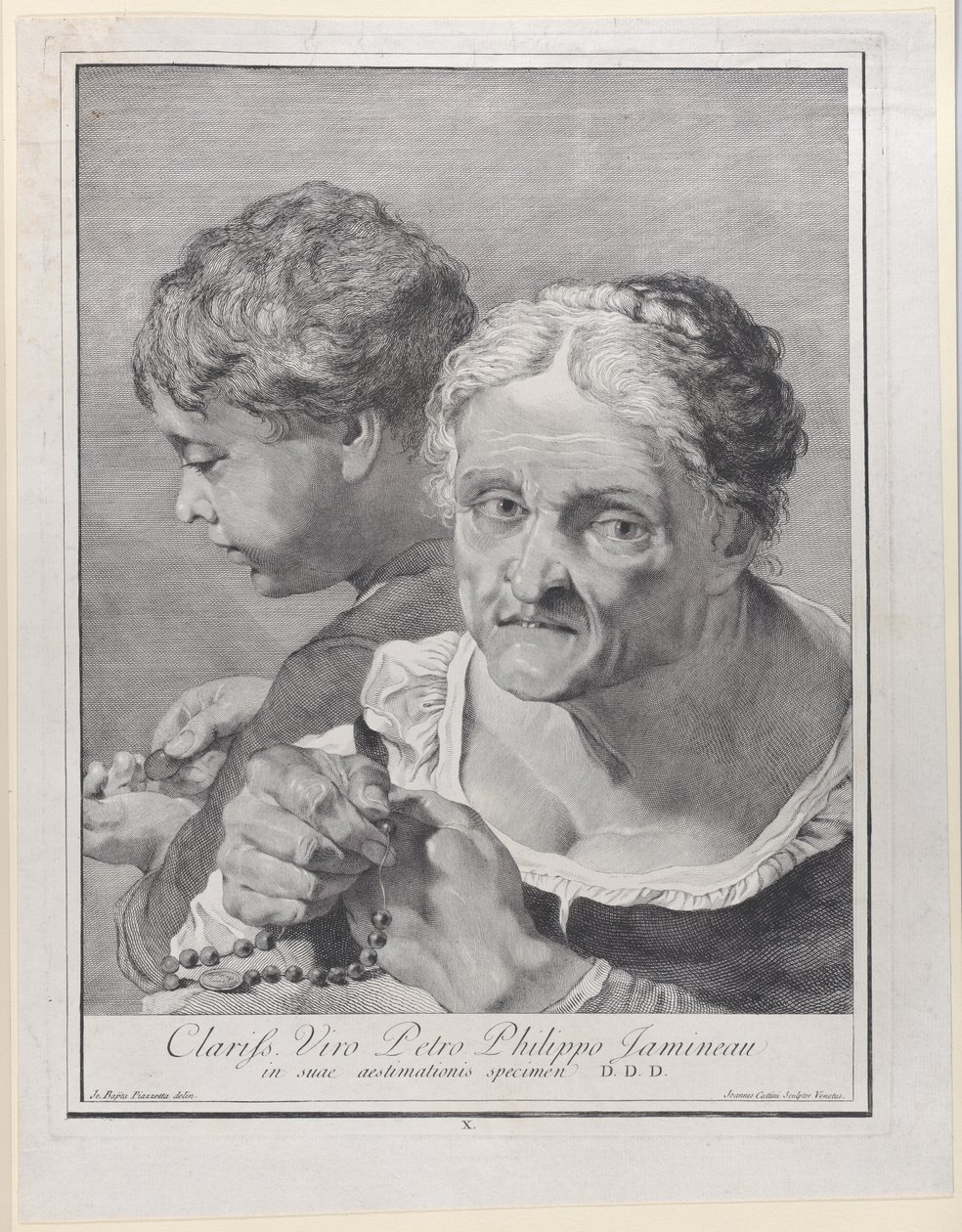 Gammel kvinde med rosenkrans og en dreng, der tæller mønter, 1743. af Giovanni Cattini