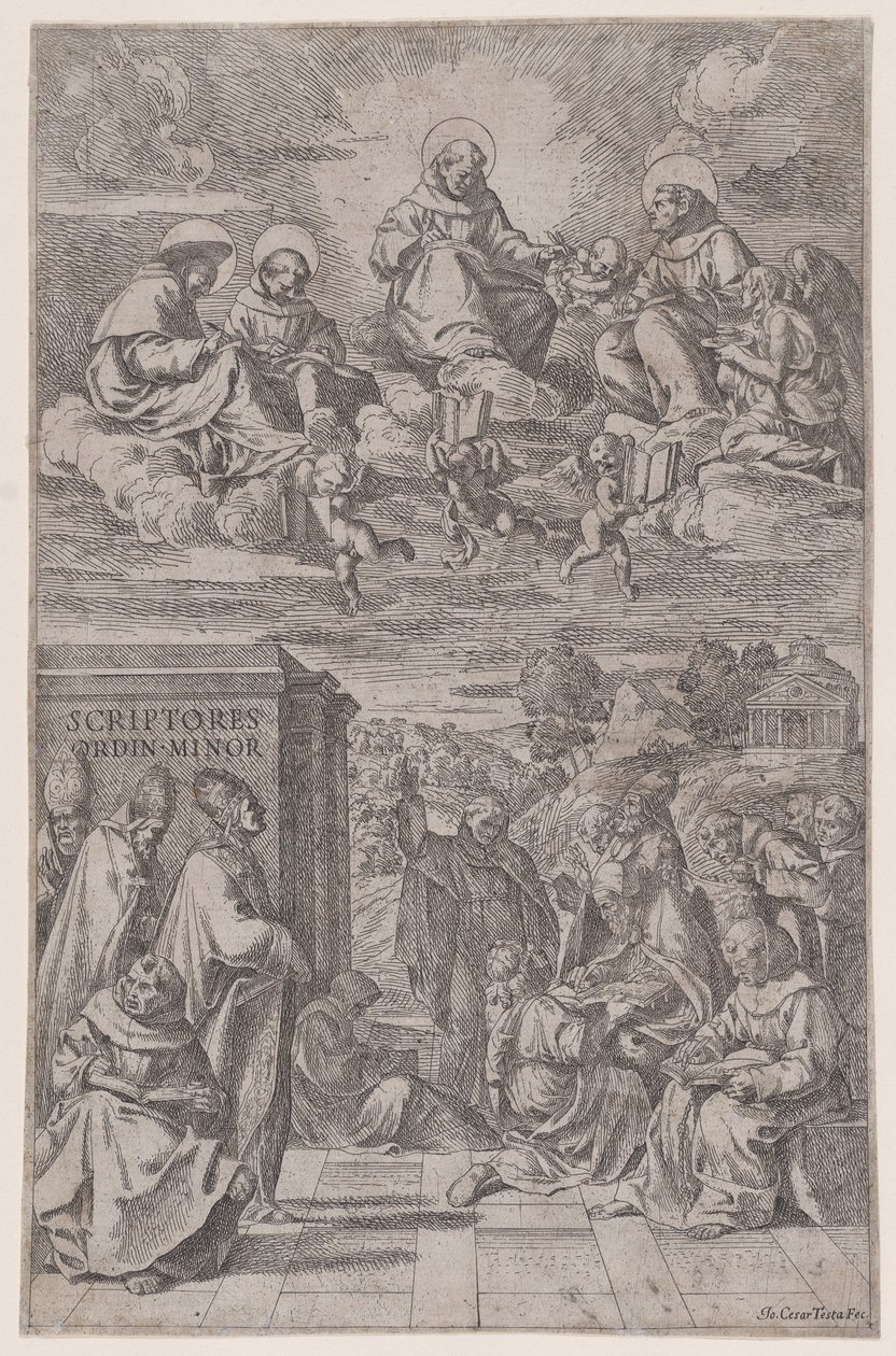 Gejstlighed i et landskabsskrift, andre i himmelriget ovenover, c1650. af Giovanni Cesare Testa