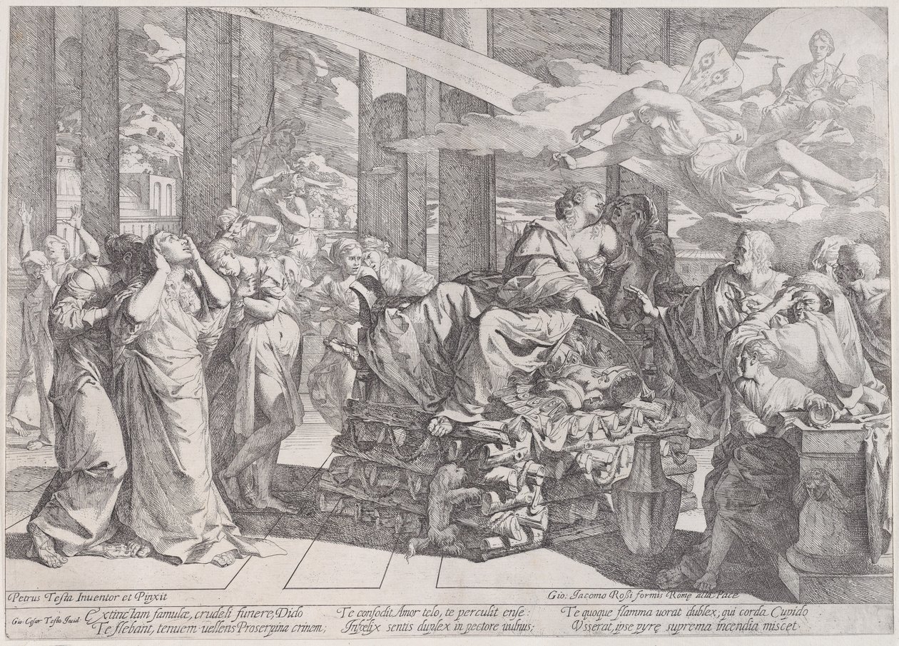 Didos selvmord, der hviler på et bål i midten, omgivet af mange figurer, 1650-55. af Giovanni Cesare Testa