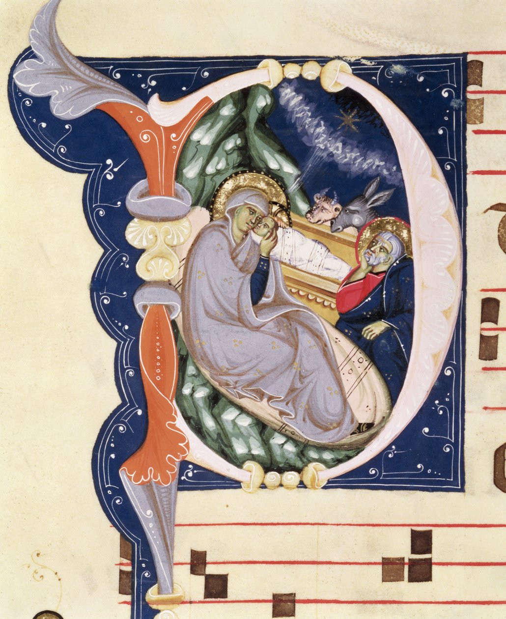 Ms 561 f.31v Historieret bogstav "D", der viser Fødselskirken, fra et gradual fra klosteret San Jacopo di Ripoli, begyndelsen af det 14. århundrede af Giovanni Cimabue