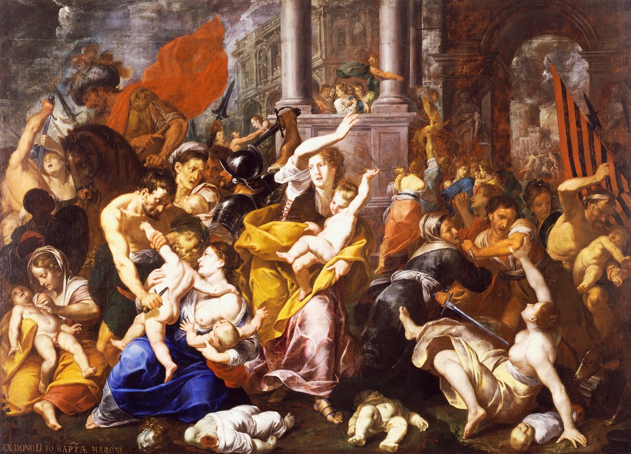 The Massacre of the Innocents, af Johann Christoph Storer (1611-1671), olie på lærred, 300x420 cm, Church of St Eustorgio, Milano, Italien. af Giovanni Cristoforo Storer