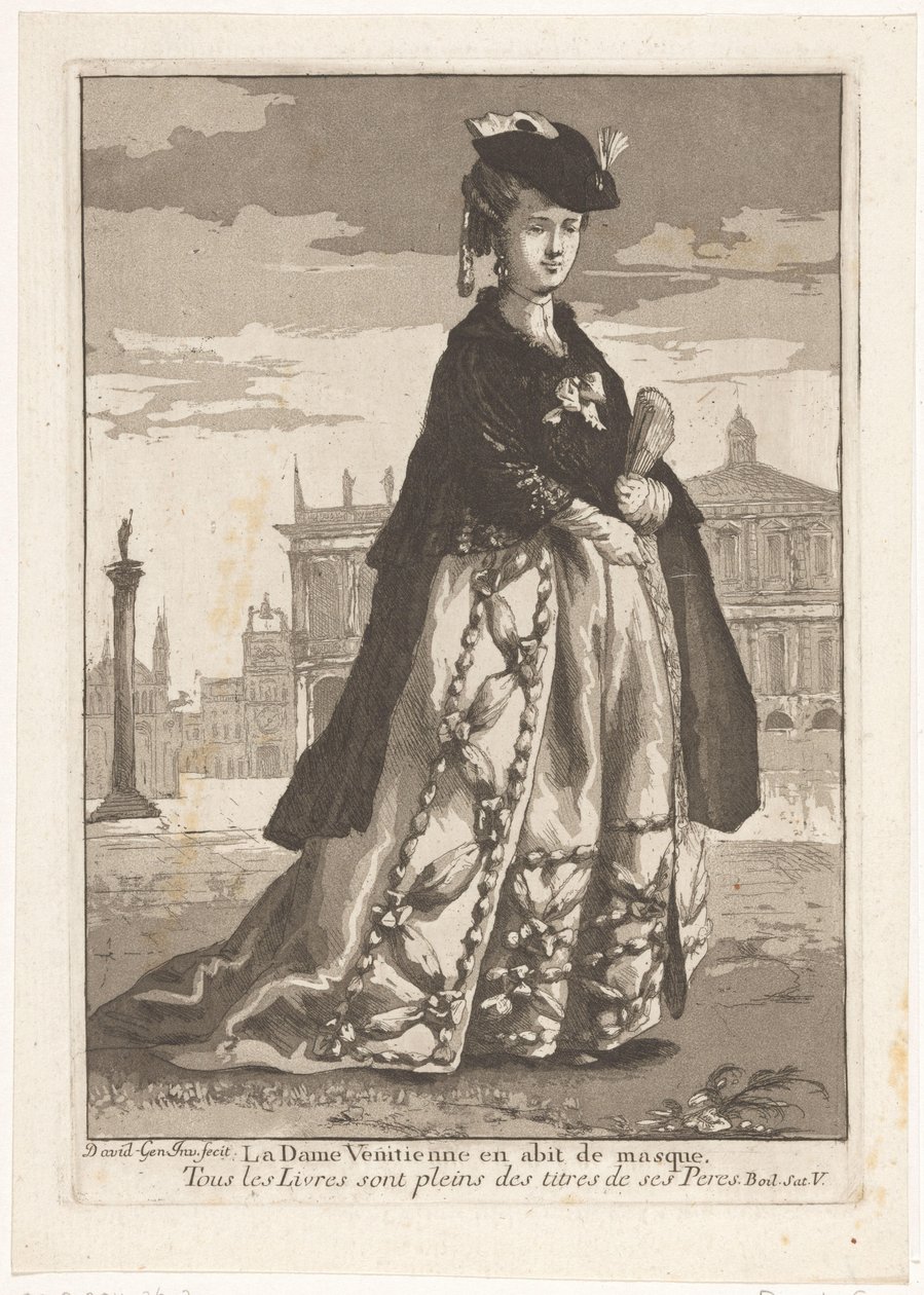 Den venetianske dame La Dame Venitienne en habit de masque (titel på objekt) Diverse portrætter (serietitel) af Giovanni David