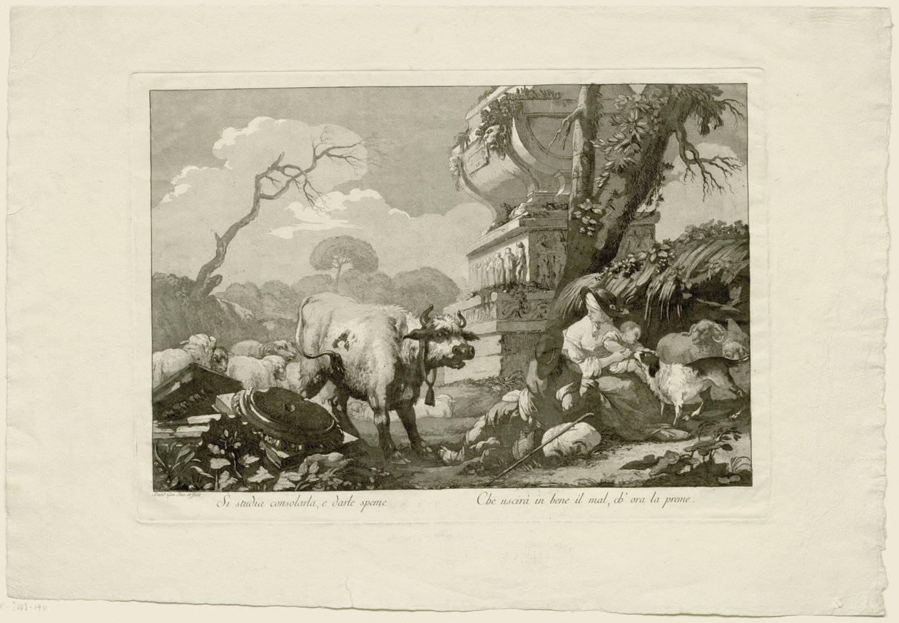 Hyrdefamilie med kvæg ved antik grav af Giovanni David