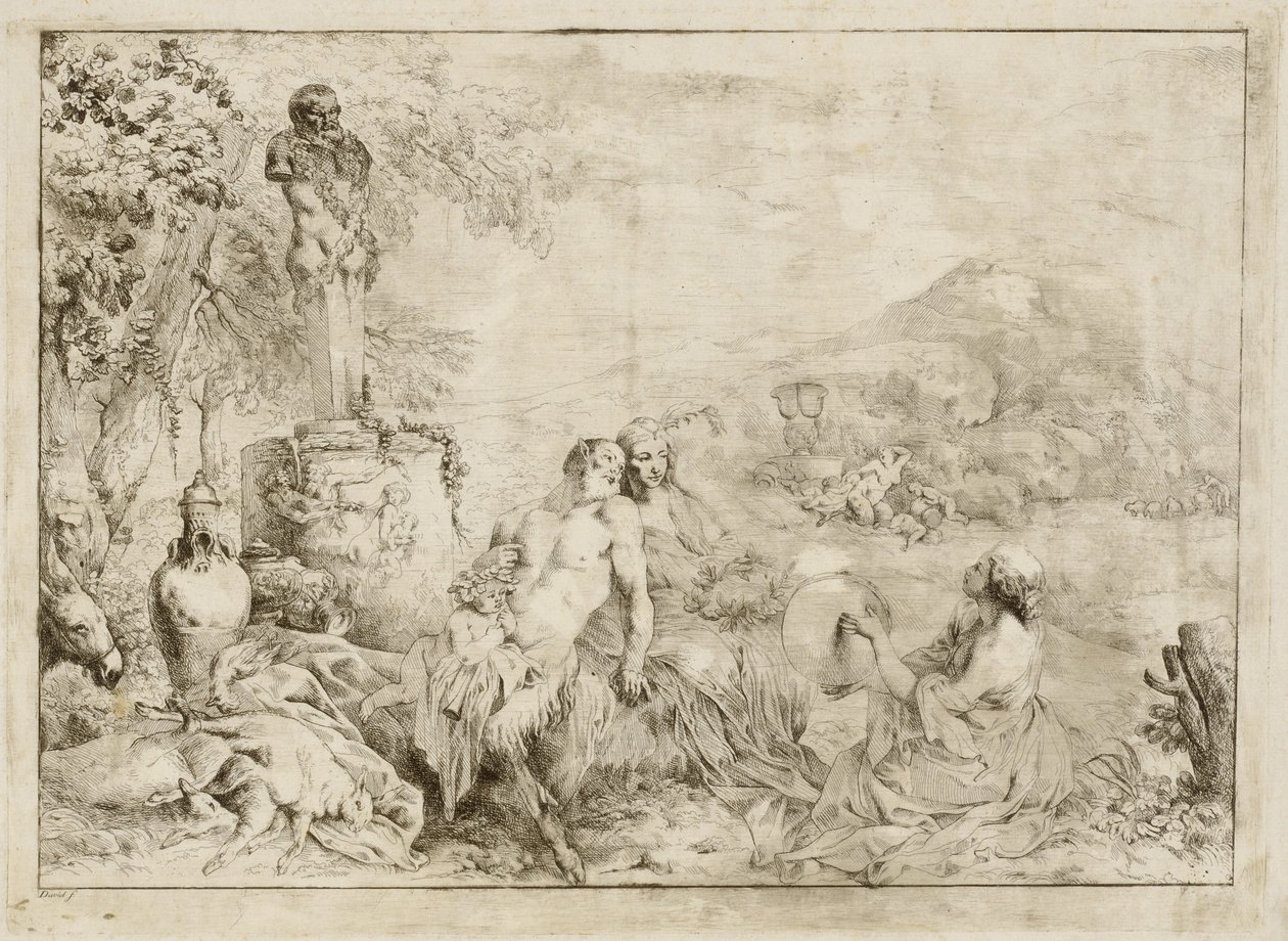 Landskab med en Satyrfamilie og klassisk skulptur af Giovanni David after Giovanni Benedetto Castiglione