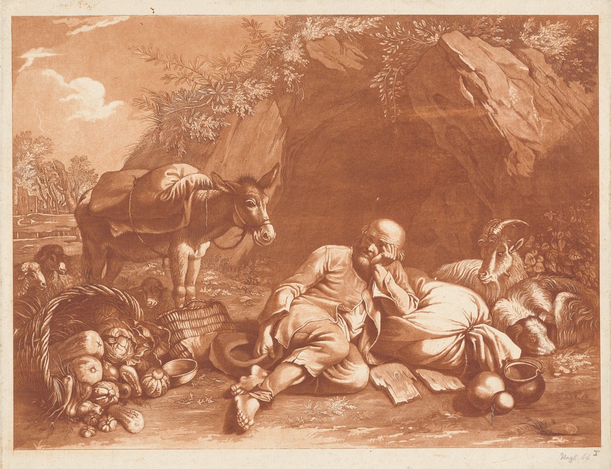 En gammel mand, der læner sig op ad en sæk af Giovanni De Pian after Francesco Londonio