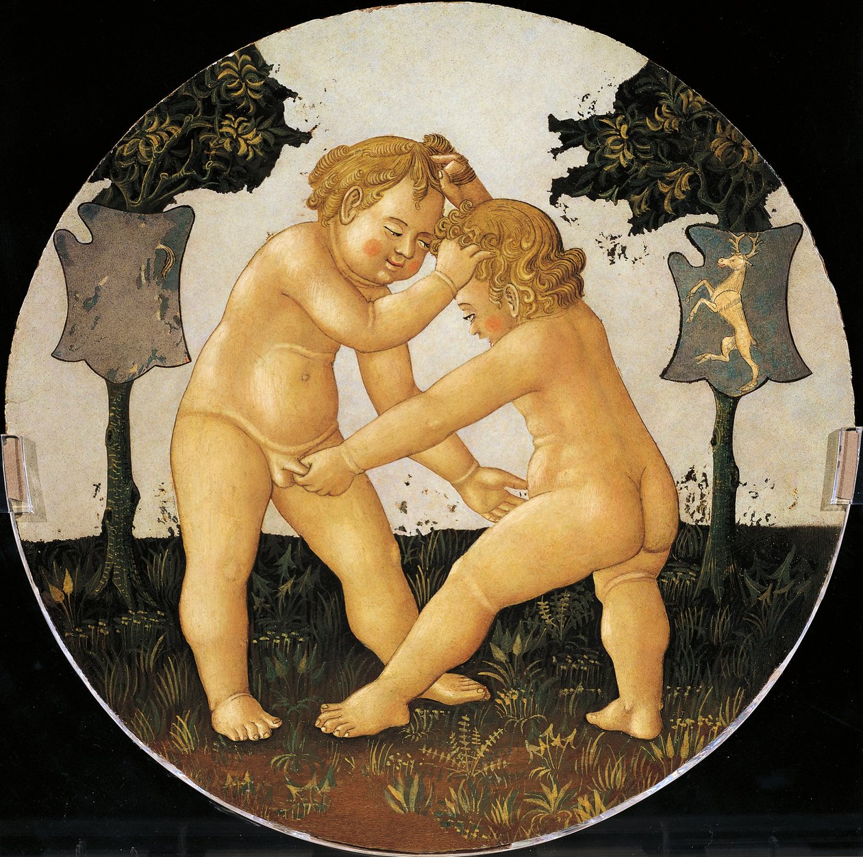 Putti spiller, detalje fra bagsiden af fødselsbakken (rundt maleri), ca. 1450, af Giovanni di Ser Giovanni, kendt som Lo Scheggia (1406-1486), tempera på træ af Giovanni Di Ser Giovanni Lo Scheggia Guidi