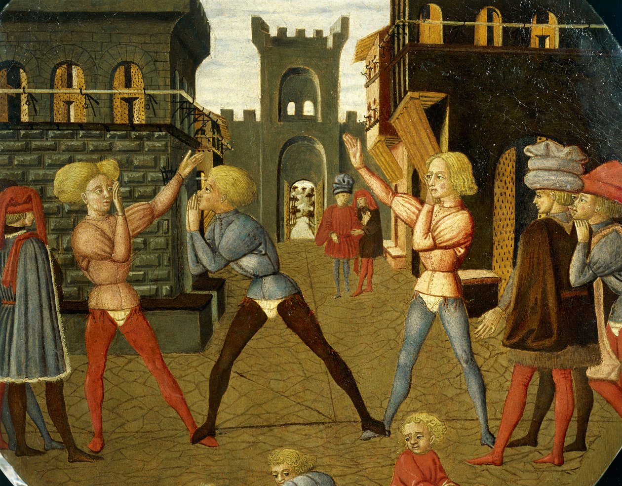 spil kaldet civettino, detalje fra forsiden af ​​fødselsbakken (rundt maleri), ca. 1450, af Giovanni di Ser Giovanni, kendt som Lo Scheggia (1406-1486), tempera på træ af Giovanni Di Ser Giovanni Lo Scheggia Guidi