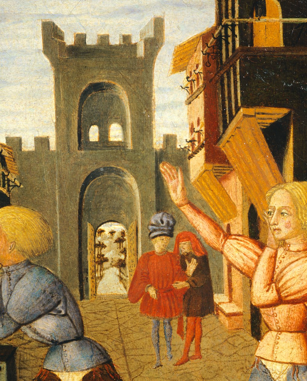 spil kaldet civettino, detalje af højre side af fødselsbakken (rundt maleri), ca. 1450, af Giovanni di Ser Giovanni, kendt som Lo Scheggia (1406-1486), tempera på panelet af Giovanni Di Ser Giovanni Lo Scheggia Guidi