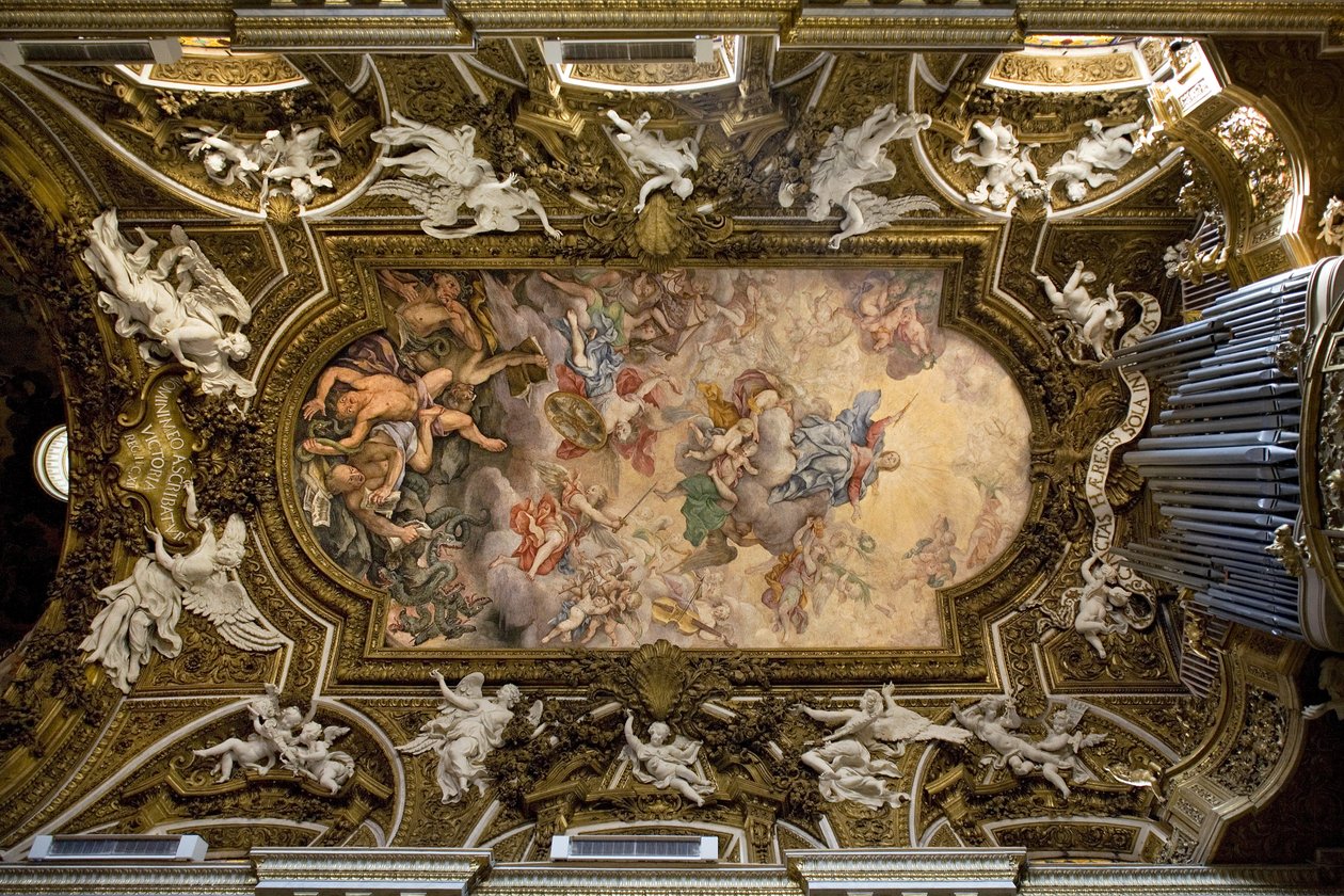 Hvælving af kirken Santa Maria della Vittoria i Rom, fresko der viser Jomfru Marias sejr over kætteri, de oprørske engles fald, udført i 1675 af Giovanni Domenico Cerrini (1609-1681), Konstruktion af det 17. århundrede, italiensk vedr af Giovanni Domenico Cerrini