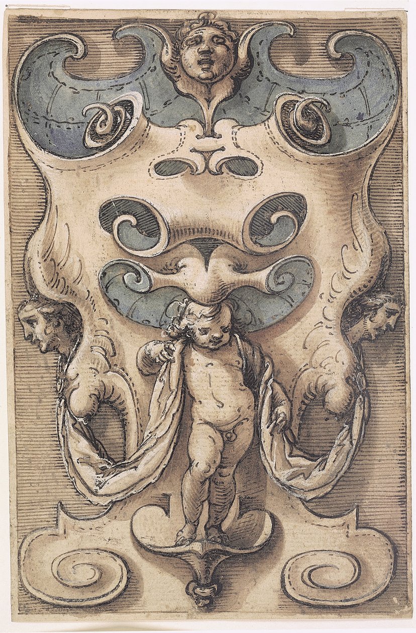 Cartouche med en Putto af Giovanni Domenico Capellino
