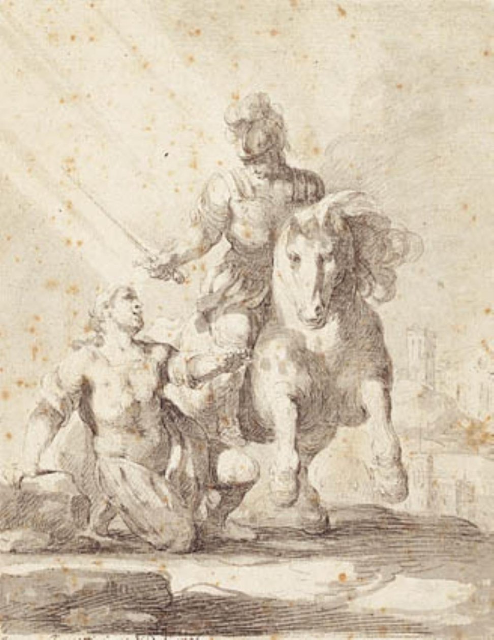 Soldat i antik klædning svingende et svær over en knælende soldat af Giovanni Domenico Ferretti