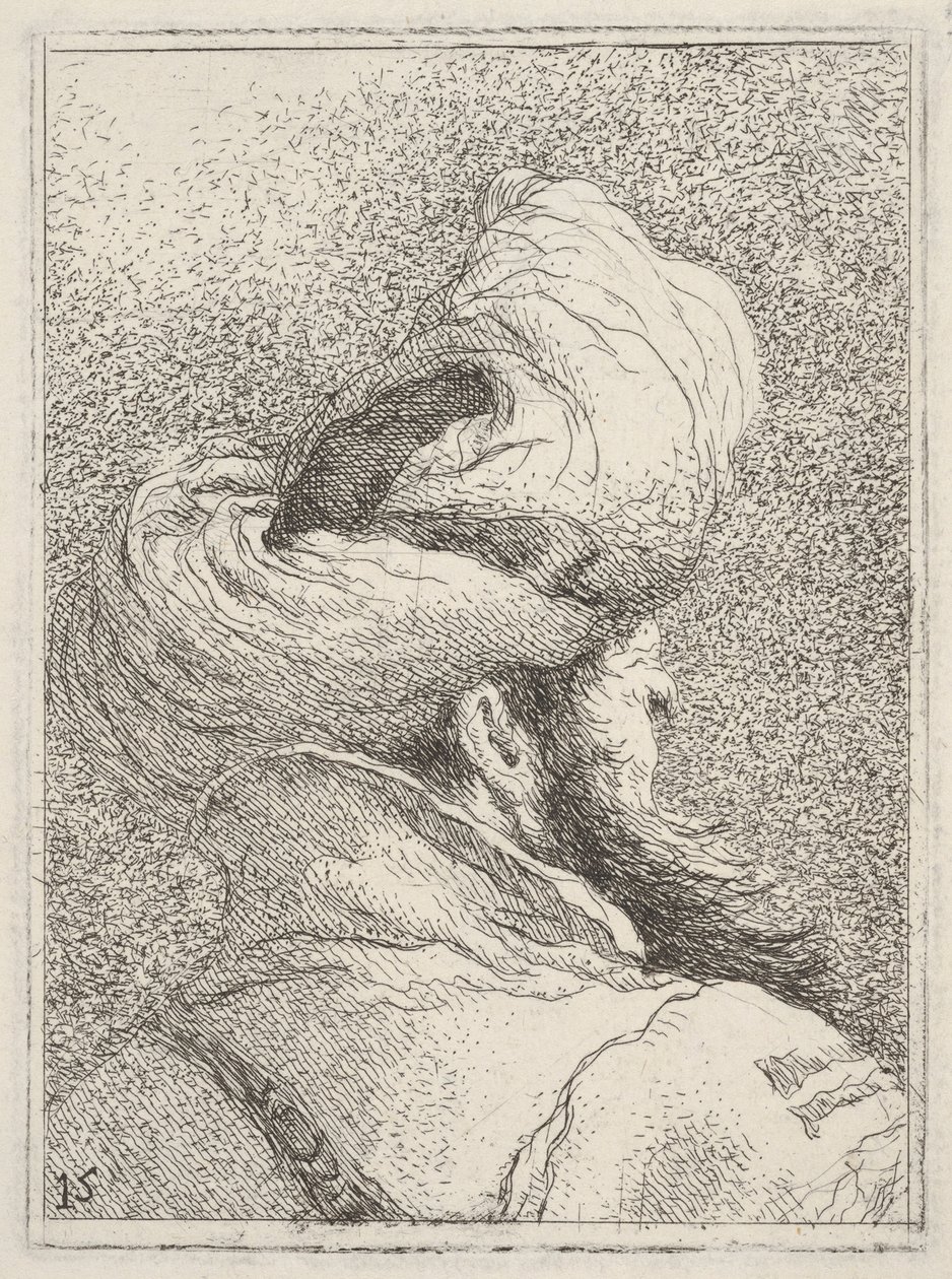 Skægget mand med turban, afbildet som buste bagfra i trekvart profil, fra "Samling af hoveder" (Raccolta di teste) af Giovanni Domenico Tiepolo