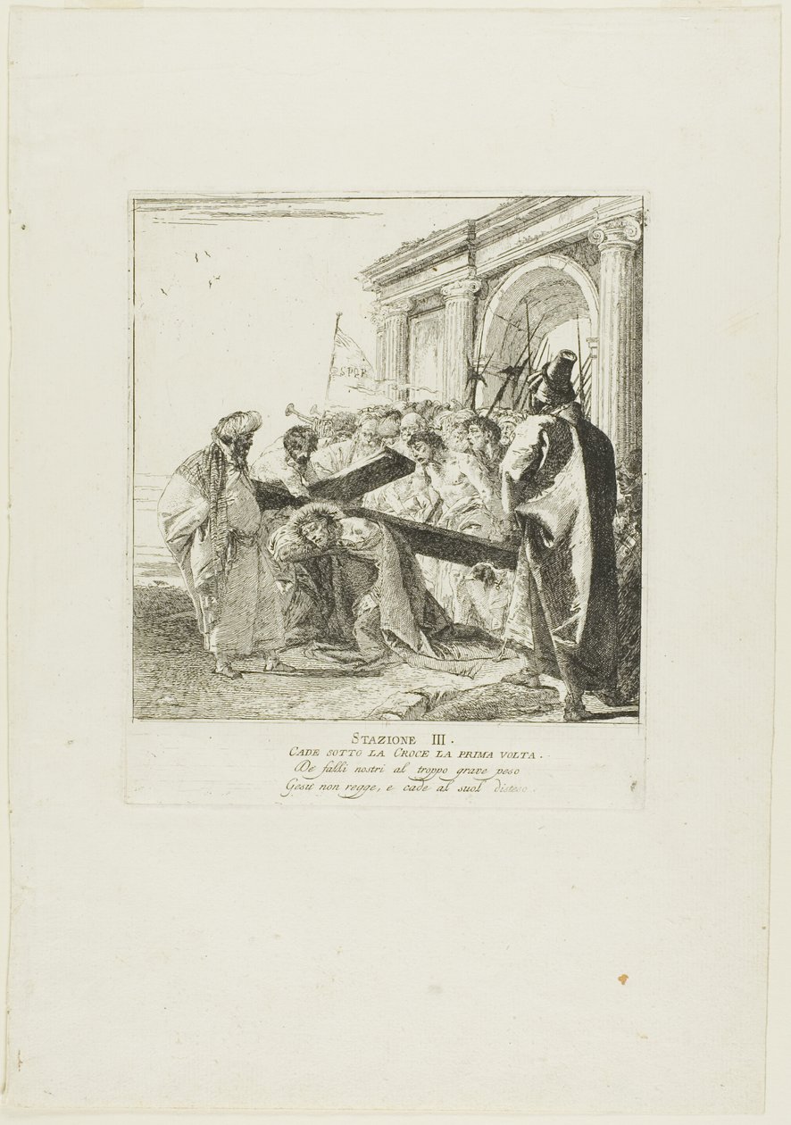 Kristus falder under korset for første gang, planche tre fra Korsvejen af Giovanni Domenico Tiepolo