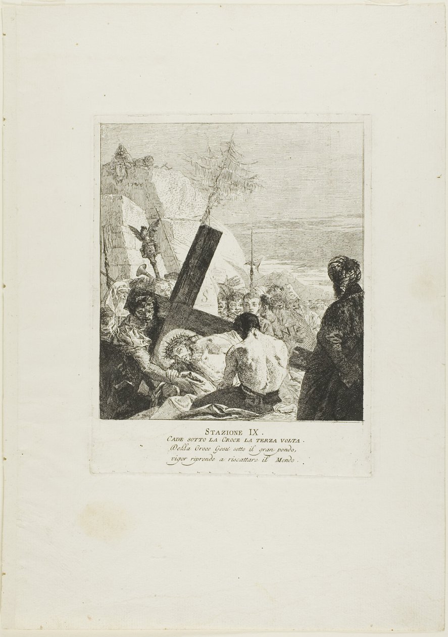 Kristus falder under korset for tredje gang, planche ni fra Korsvejen af Giovanni Domenico Tiepolo