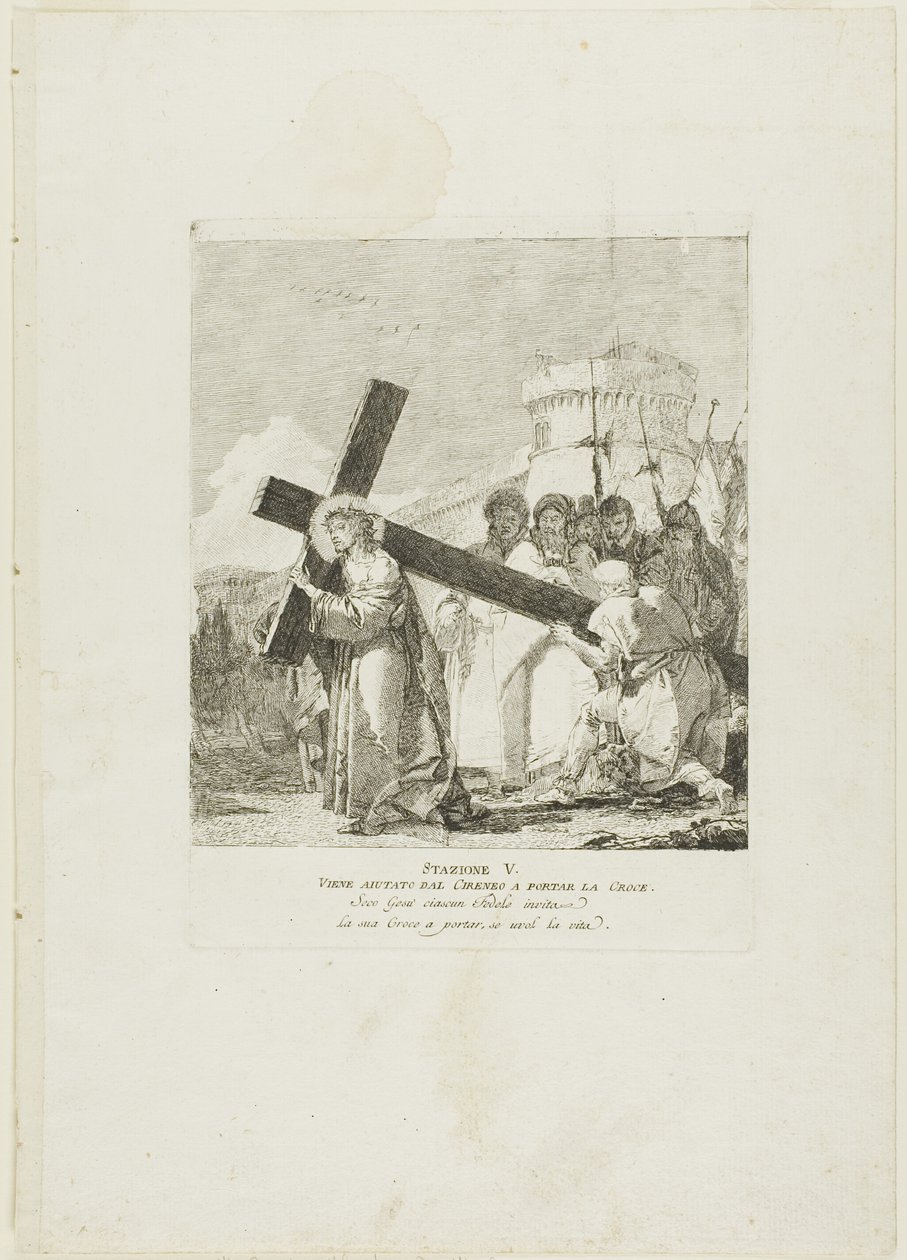 Kristus får hjælp af Simon af Kyrene, planche fem fra Korsvejen af Giovanni Domenico Tiepolo