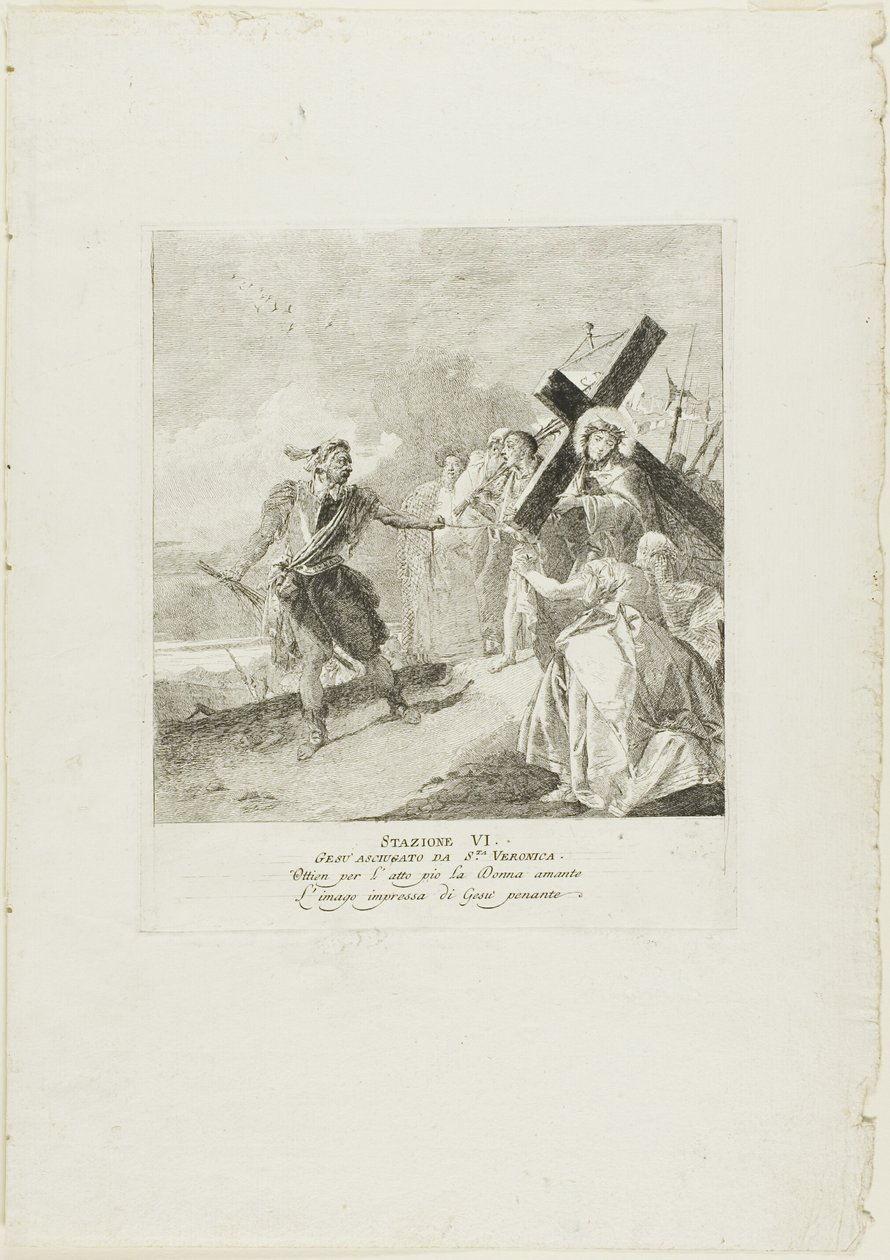 Kristi ansigt tørres af den hellige Veronika, planche seks fra Korsvejen af Giovanni Domenico Tiepolo