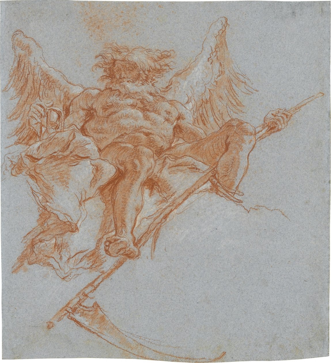 Chronos på skyer; verso: draperistudie af Giovanni Domenico Tiepolo