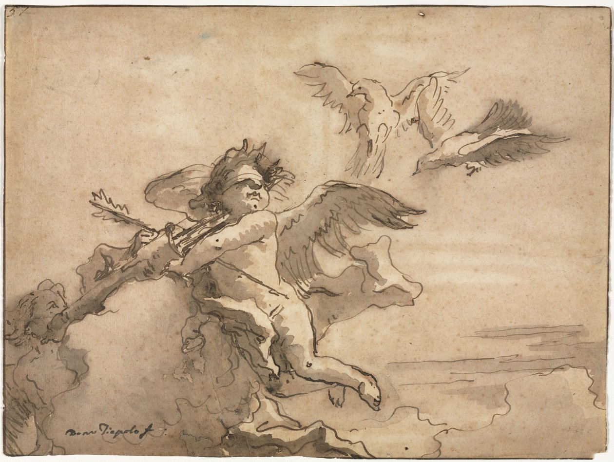 Amor med bind for øjnene og to duer, 1757 eller senere. af Giovanni Domenico Tiepolo