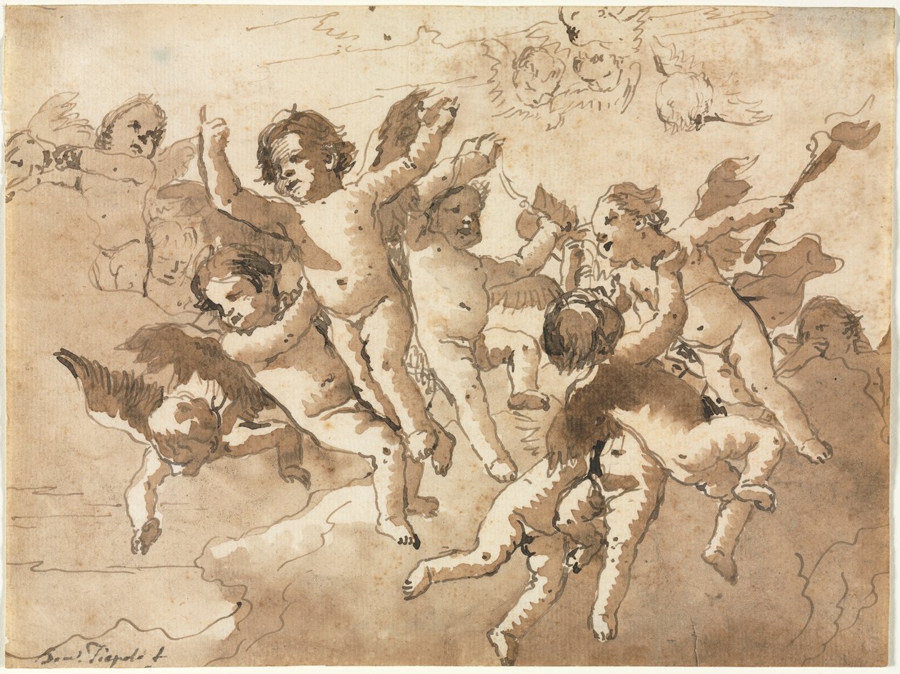 Amor i skyerne med ledsagende keruber, 1757 eller senere. af Giovanni Domenico Tiepolo