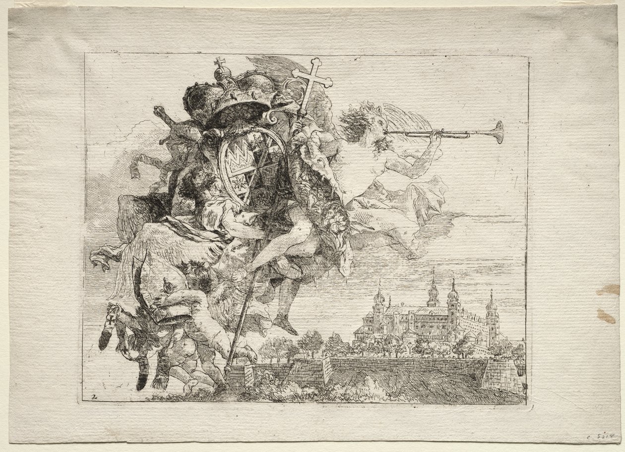 Flyvning til Egypten: Indvielse med bevinget berømmelsesfigur, der bærer prinsbiskoppen af Würzburgs våben af Giovanni Domenico Tiepolo