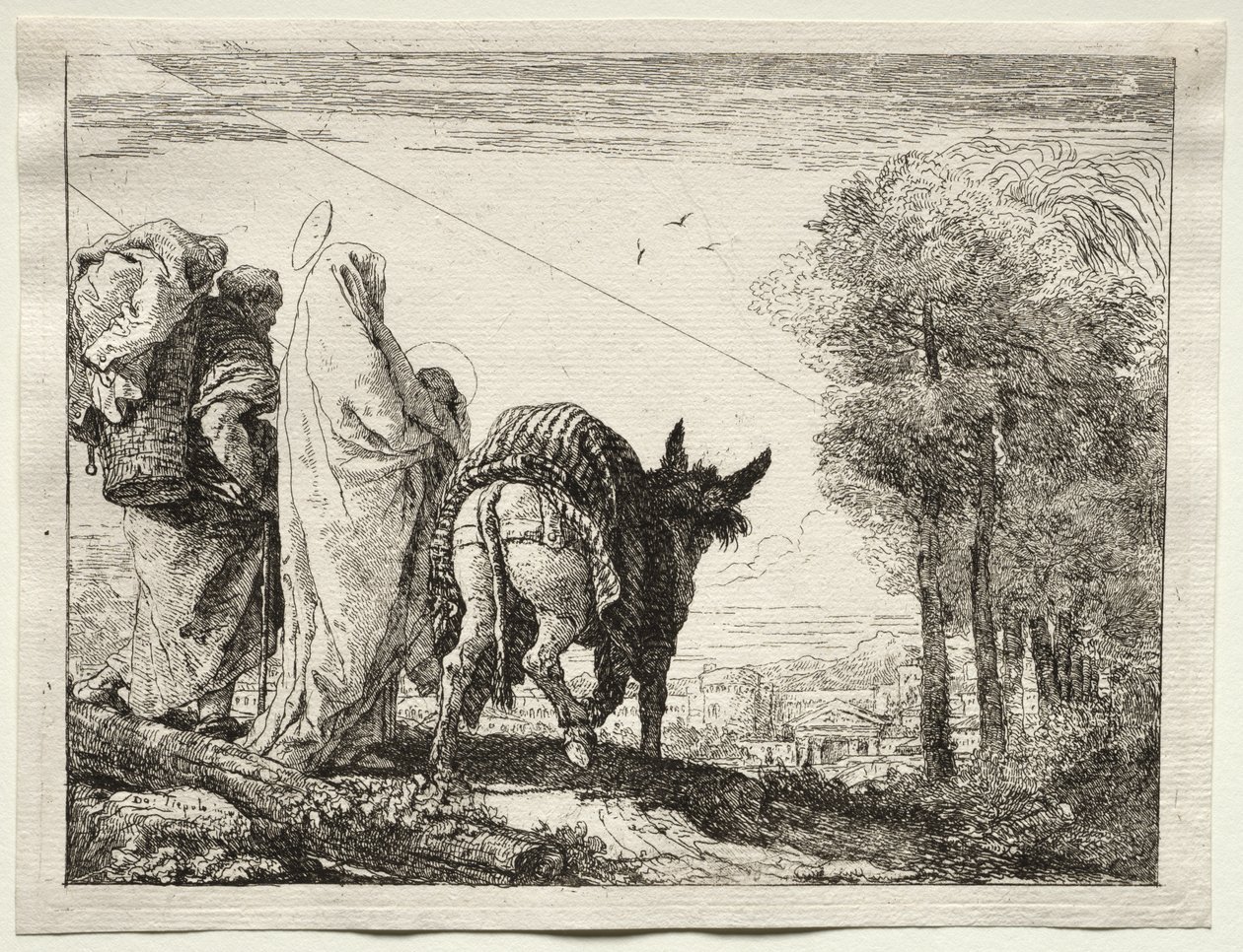 Flugt til Egypten: Den hellige familie nærmer sig en landsby af Giovanni Domenico Tiepolo