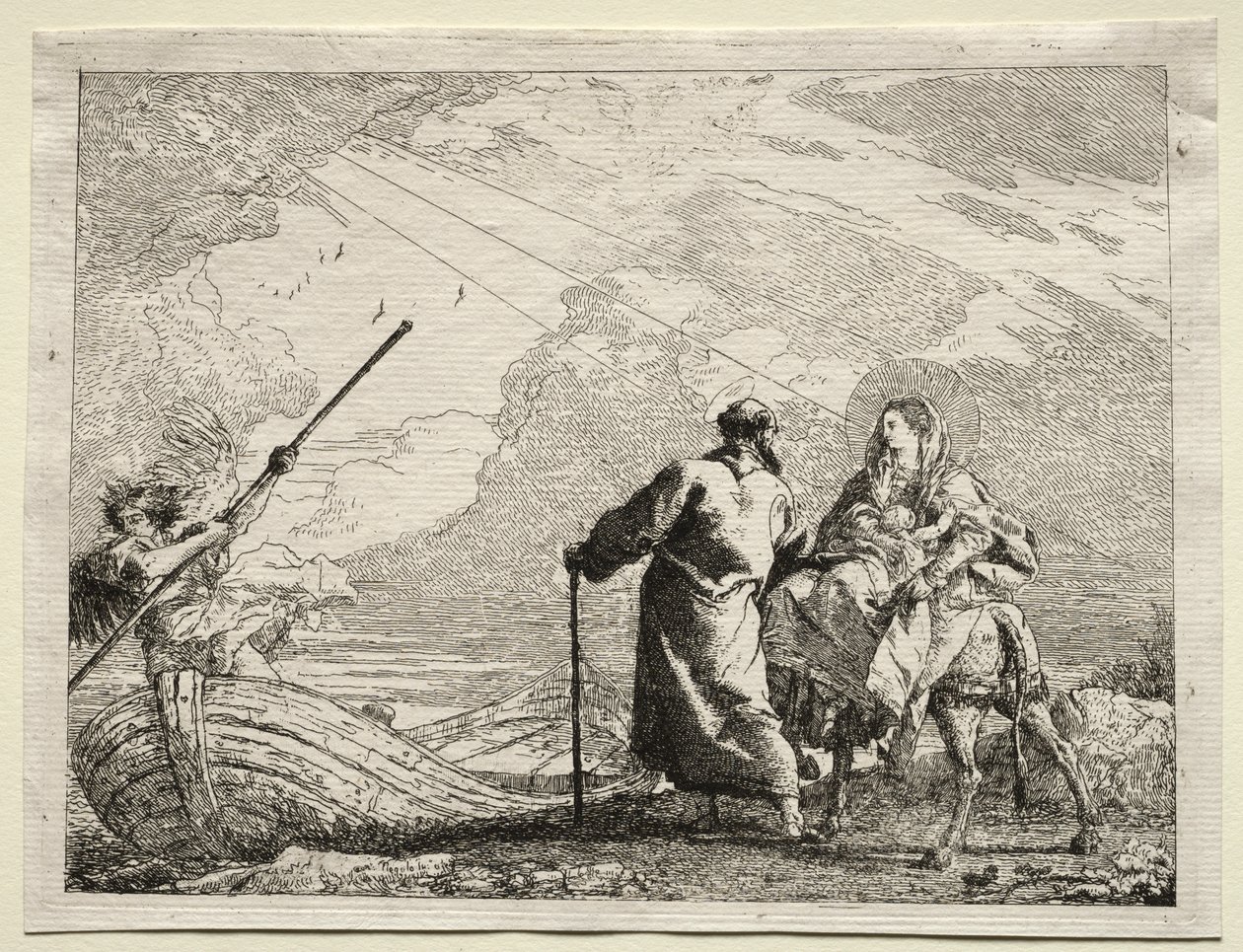 Flyvning til Egypten: Den hellige familie ankommer til flodens bred af Giovanni Domenico Tiepolo