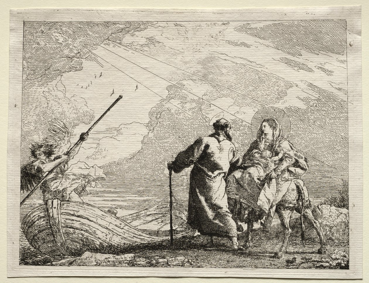 Flyvning til Egypten: Den hellige familie ankommer til flodens bred. af Giovanni Domenico Tiepolo