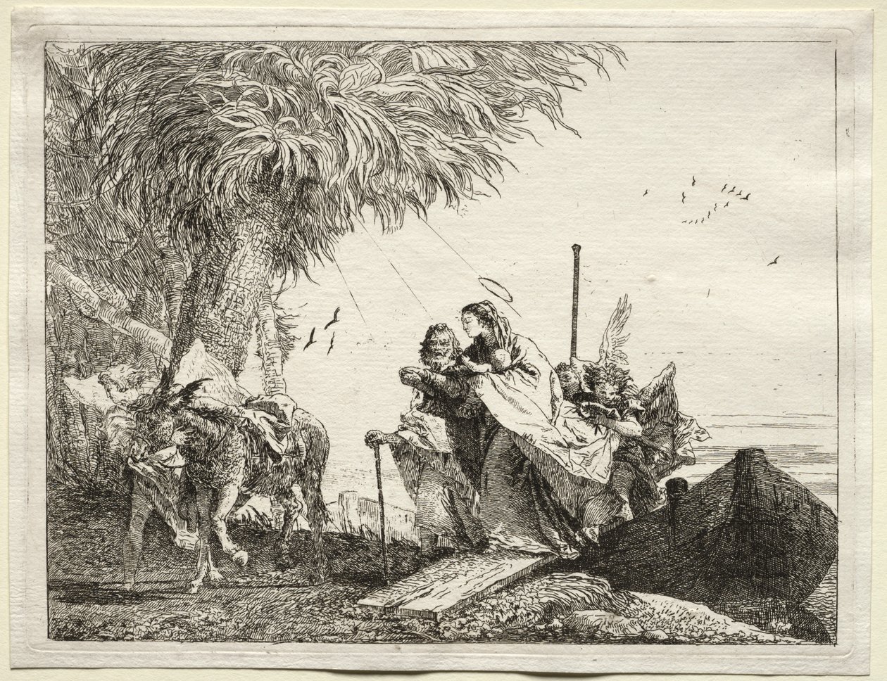 Flyvning til Egypten: Den hellige familie, landstigning af Giovanni Domenico Tiepolo