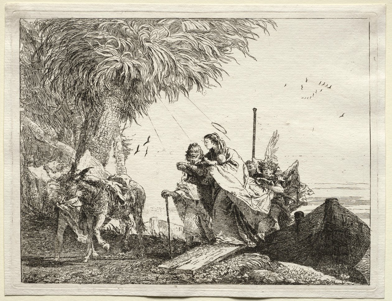Flyvning til Egypten: Den hellige familie, landstigning. af Giovanni Domenico Tiepolo
