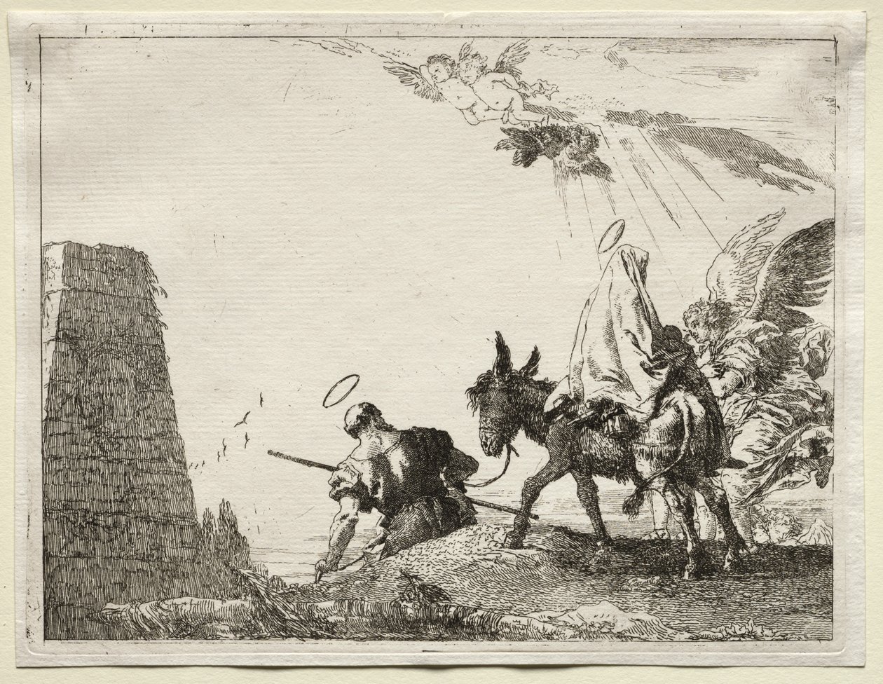 Flyvning til Egypten: Den hellige familie passerer nær en pyramide af Giovanni Domenico Tiepolo