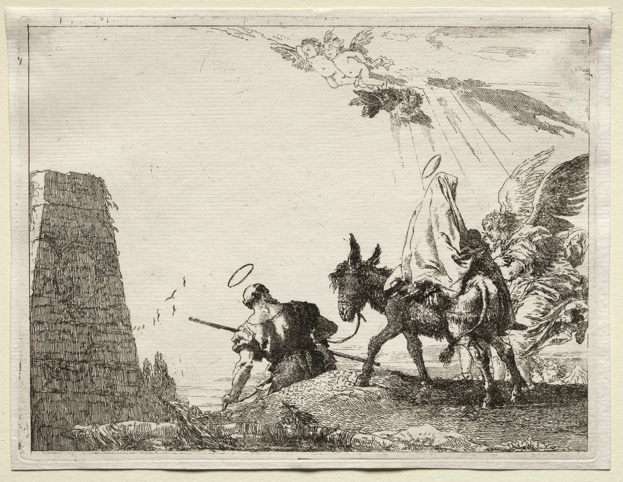Flyvning til Egypten: Den hellige familie passerer nær en pyramide. af Giovanni Domenico Tiepolo