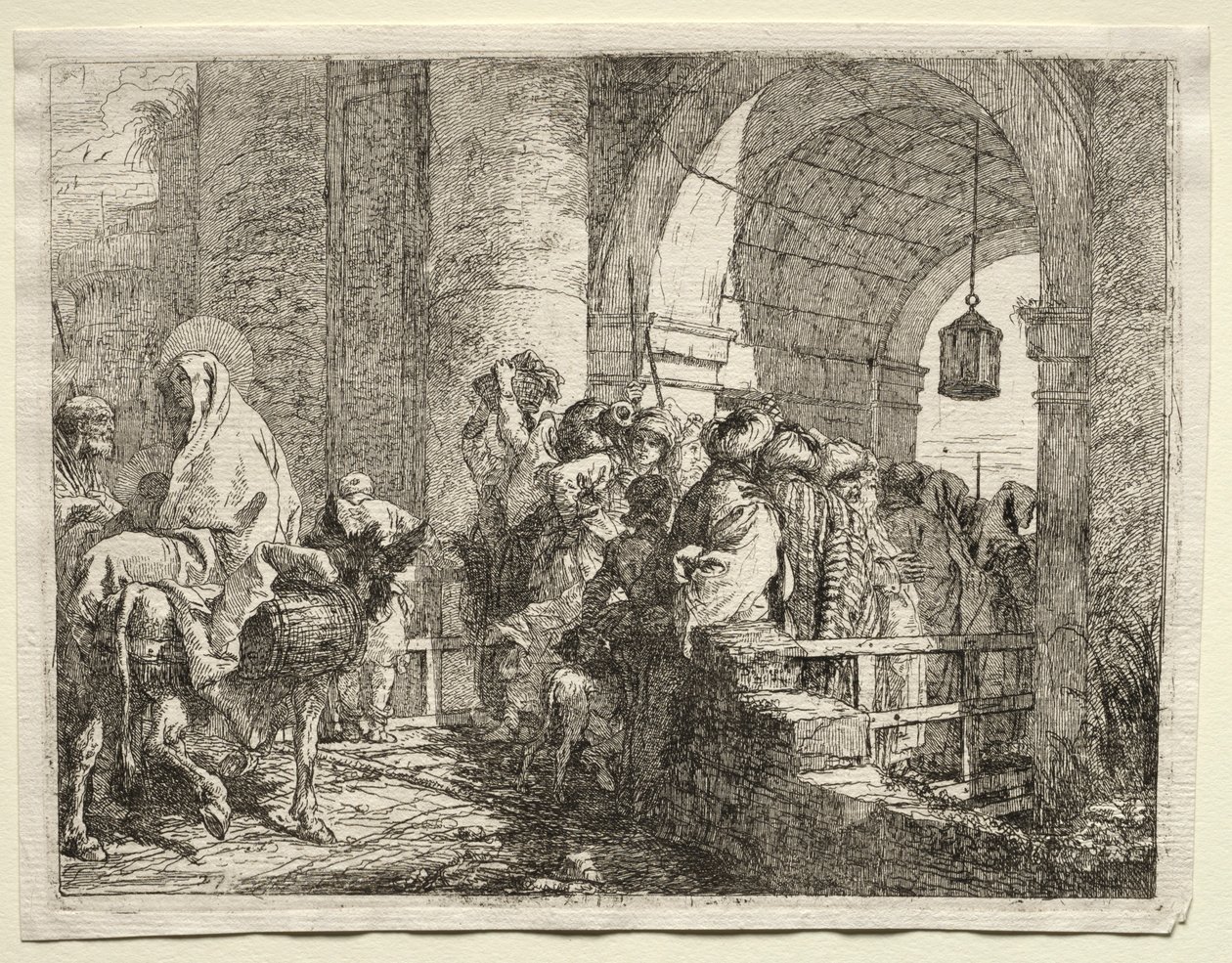 Flugt til Egypten: Den hellige familie går under en bue. af Giovanni Domenico Tiepolo