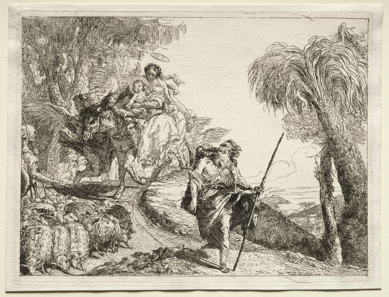 Flugt til Egypten: Den hellige familie og fåreflokken af Giovanni Domenico Tiepolo