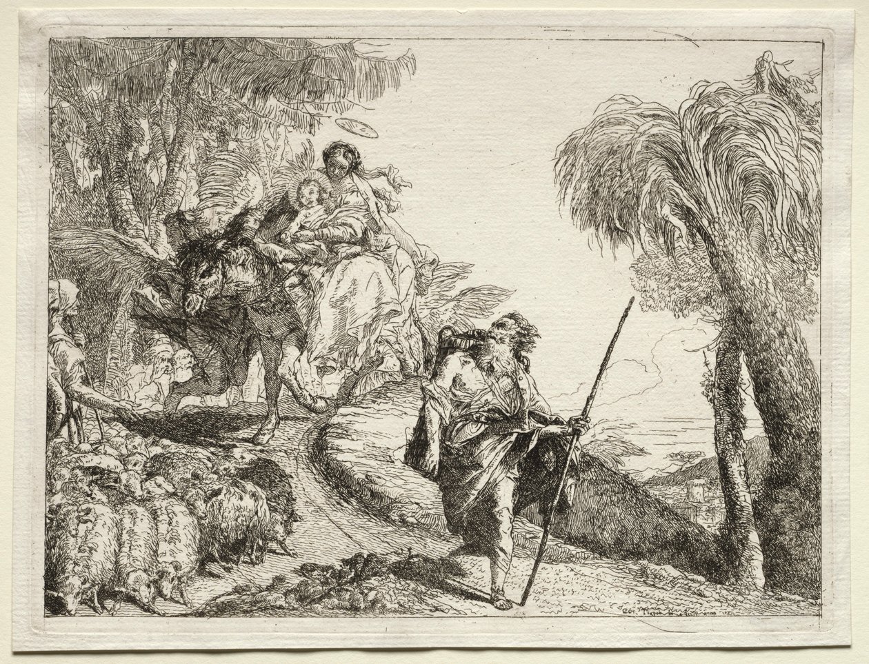 Flugt til Egypten: Den hellige familie og fåreflokken. af Giovanni Domenico Tiepolo
