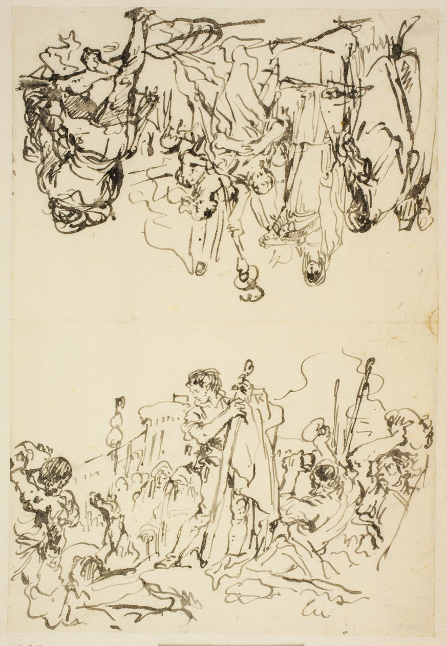 Foldet ark med "The martyrium of St Stephen and Agrippina landing in Brindisi with the Ashes of Germanicus" af Giovanni Domenico Tiepolo