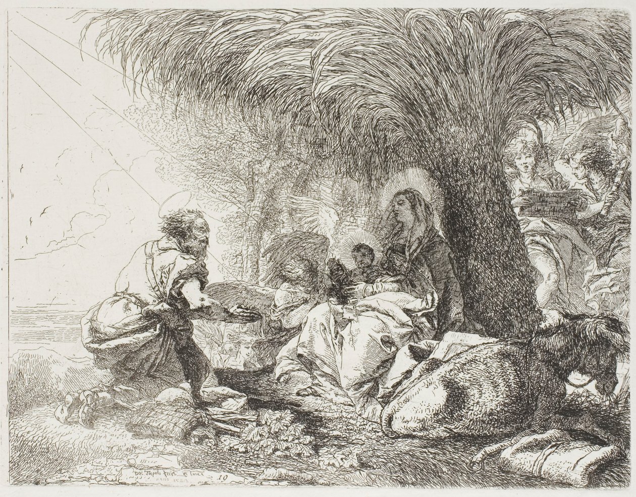 Joseph tilbeder barnet mens to engle synger, plade nitten fra Flugten til Egypten af Giovanni Domenico Tiepolo