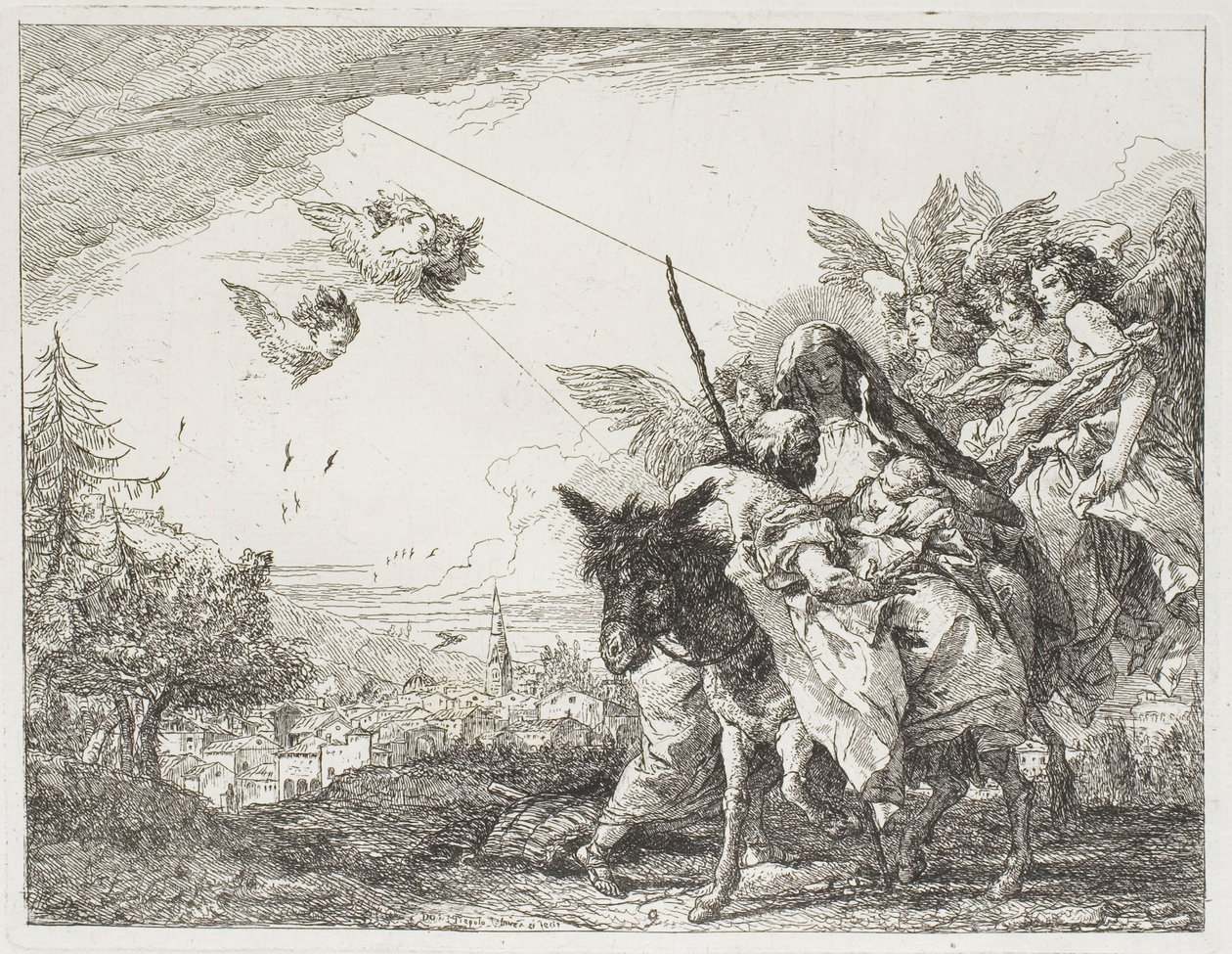 Josef tilbeder barnet, som holdes i Marias arme, planche ni fra Flugten til Egypten af Giovanni Domenico Tiepolo