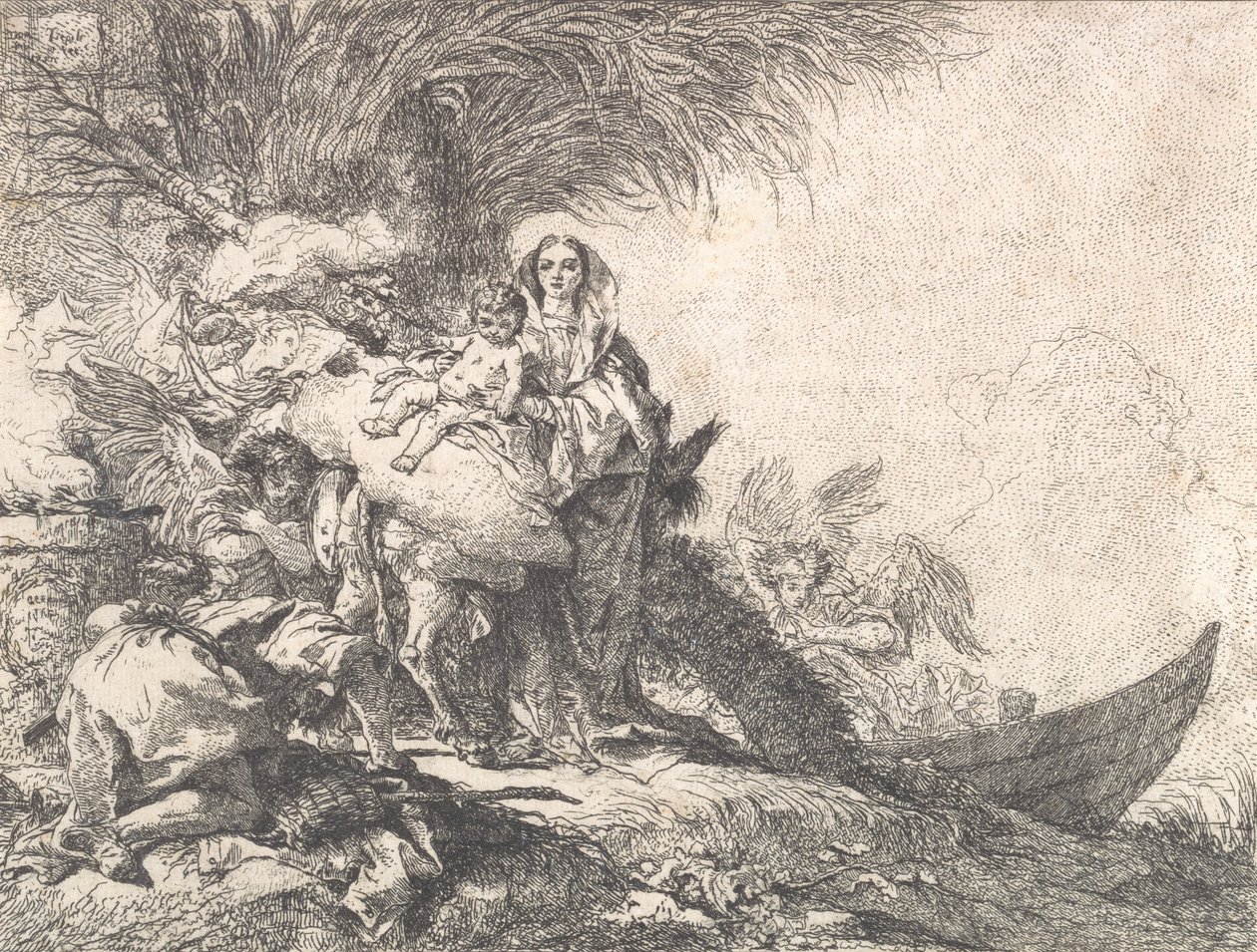 Joseph tilbeder Kristusbarnet nær et rygende alter, fra flugten til Egypten, 1752. af Giovanni Domenico Tiepolo