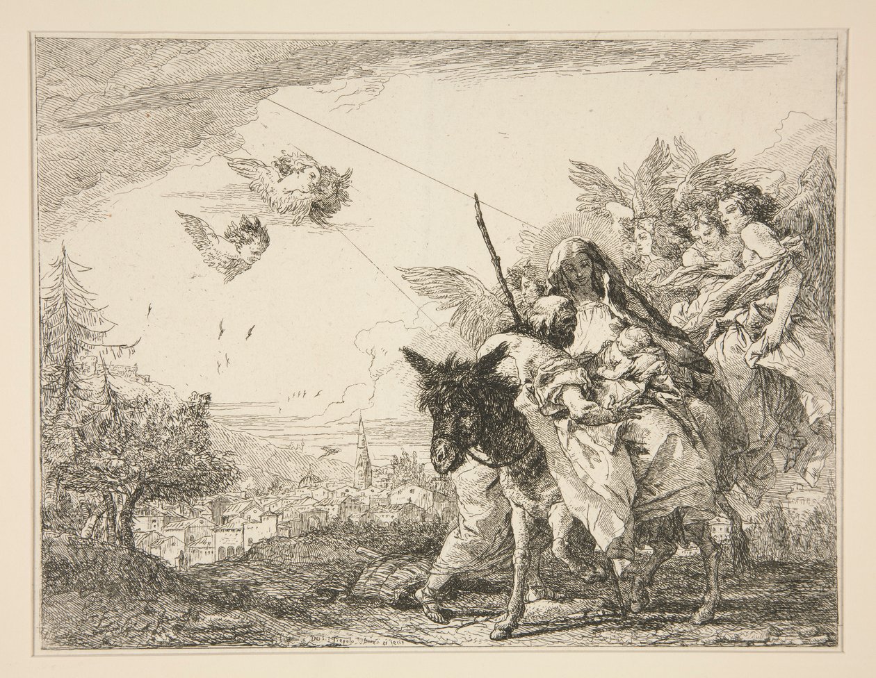 Joseph Contemplates the Infant Jesus, fra serien Picturesque Ideas over the Flight into Egypt (Flight into Egypt) af Giovanni Domenico Tiepolo