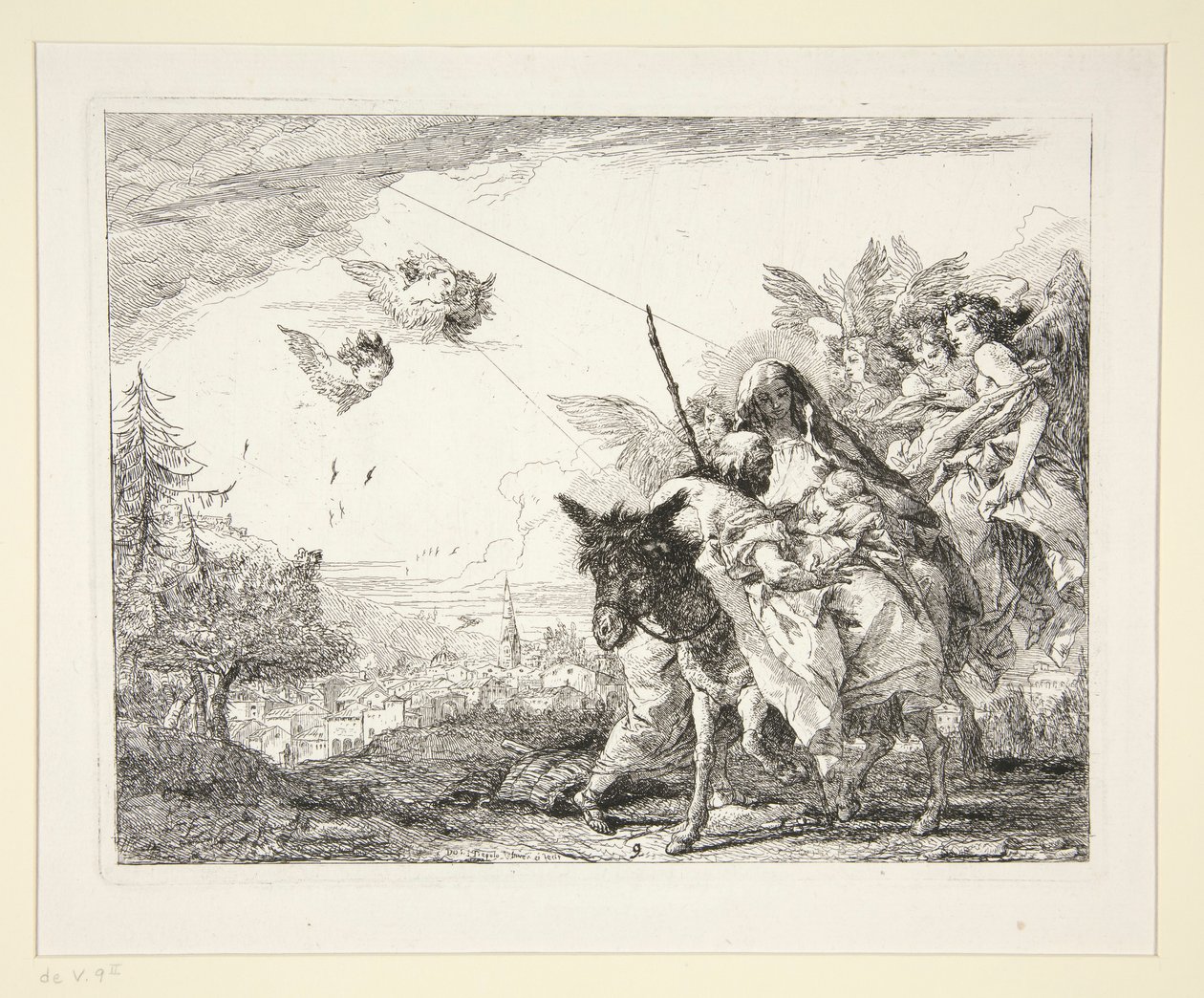 Joseph Contemplates the Infant Jesus, fra serien Picturesque Ideas over the Flight into Egypt (Flight into Egypt) af Giovanni Domenico Tiepolo