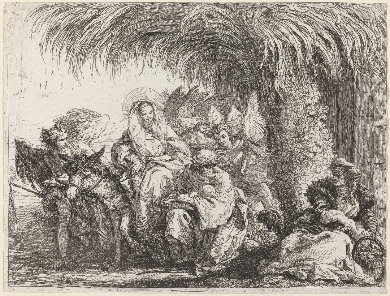 Joseph knæler med barnet foran Maria på æslet af Giovanni Domenico Tiepolo