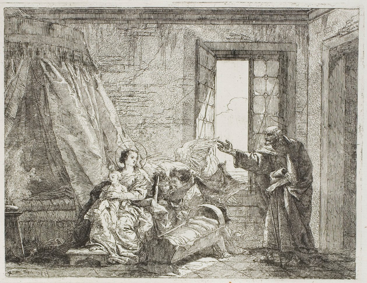 Joseph fortæller Mary om deres kommende afgang, plade fire fra The Flight into Egypt af Giovanni Domenico Tiepolo