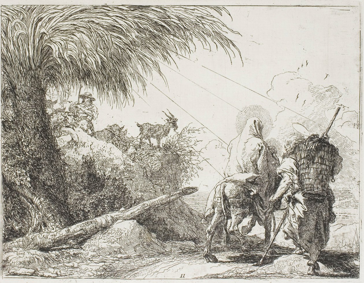 Joseph og Mary passerer en hyrde og hans flok, tallerken elleve fra Flugten til Egypten af Giovanni Domenico Tiepolo