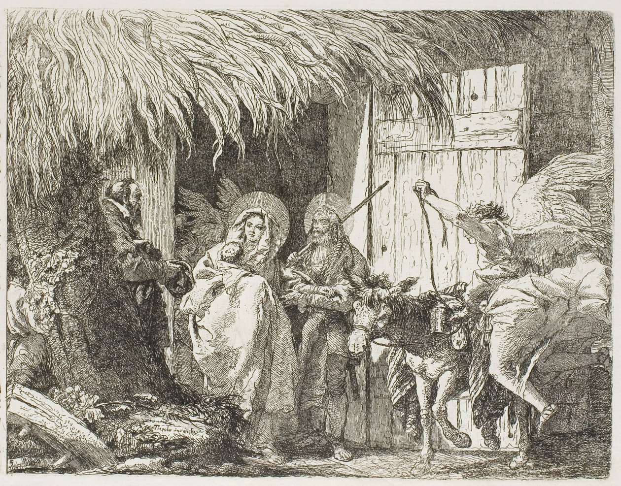 Joseph og Mary søger ly, plade fem fra Flugten til Egypten af Giovanni Domenico Tiepolo
