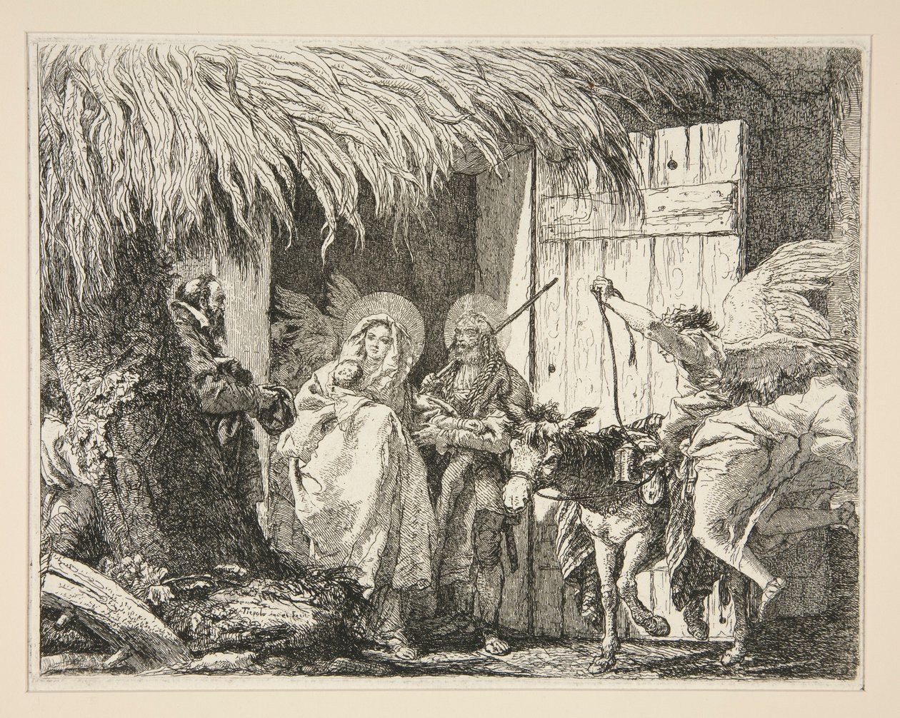Josef og Maria foran et hus, fra serien Idee pittoresche sopra la fuga in Egitto (Flight into Egypt) af Giovanni Domenico Tiepolo