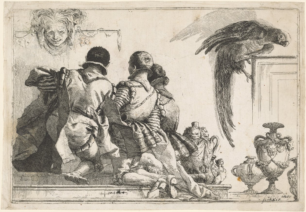Knælende sider, en maske og en papegøje af Giovanni Domenico Tiepolo