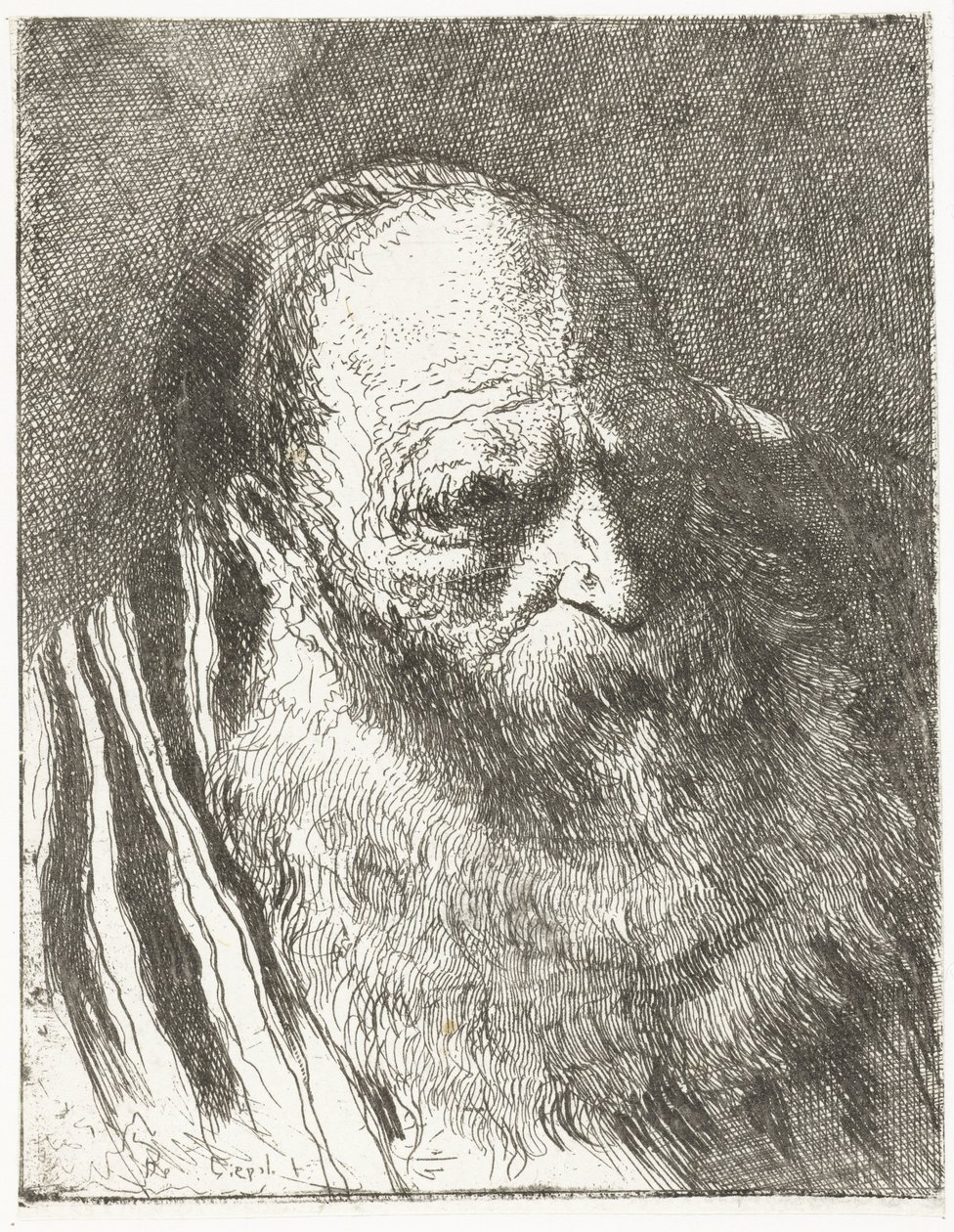 Mand med skæg i stribet kappe Samling af hoveder (serietitel) Raccolta di Teste (serietitel) af Giovanni Domenico Tiepolo