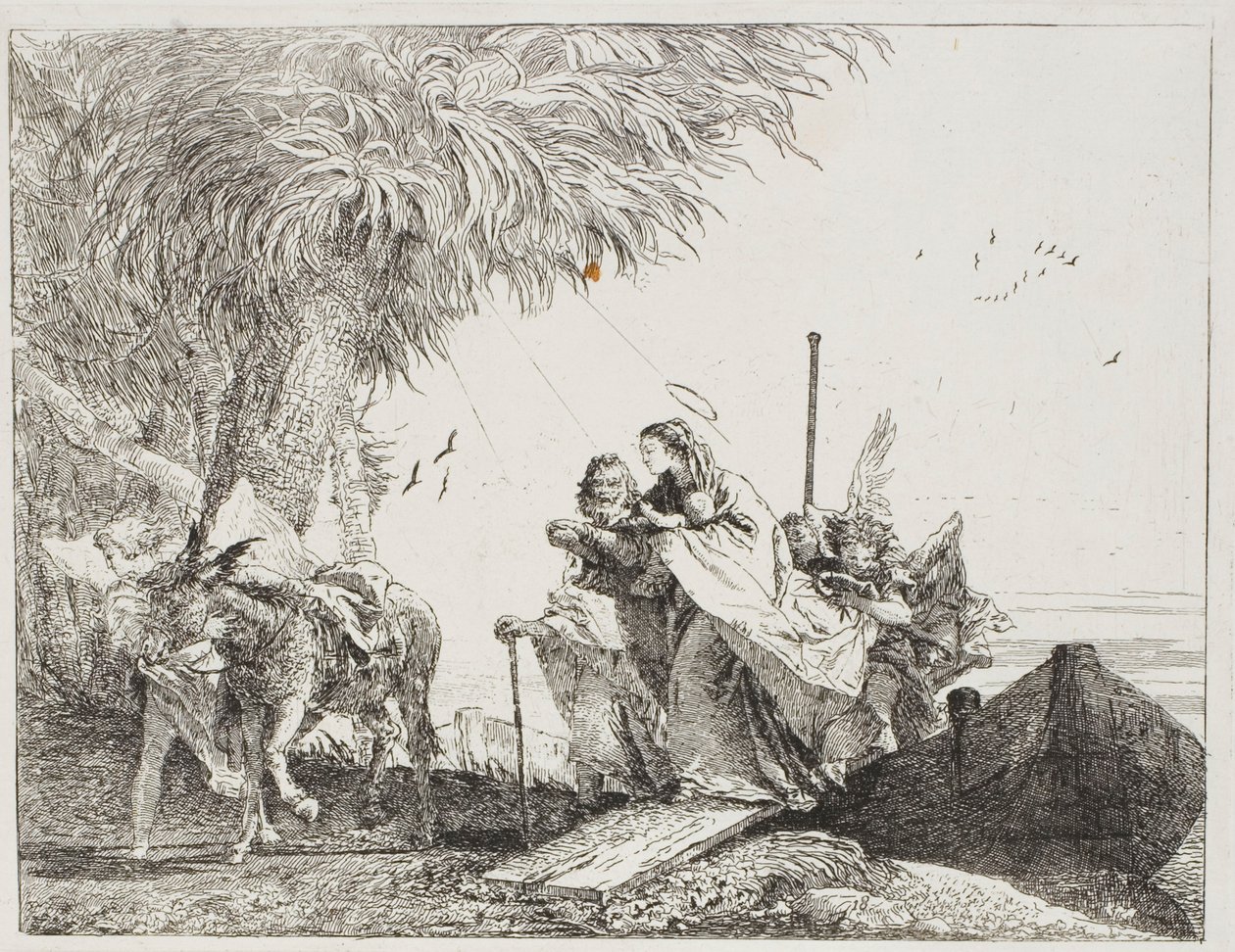 Mary, hjulpet af Josef og en engel, træder ud af båden, tallerken atten fra Flugten til Egypten af Giovanni Domenico Tiepolo