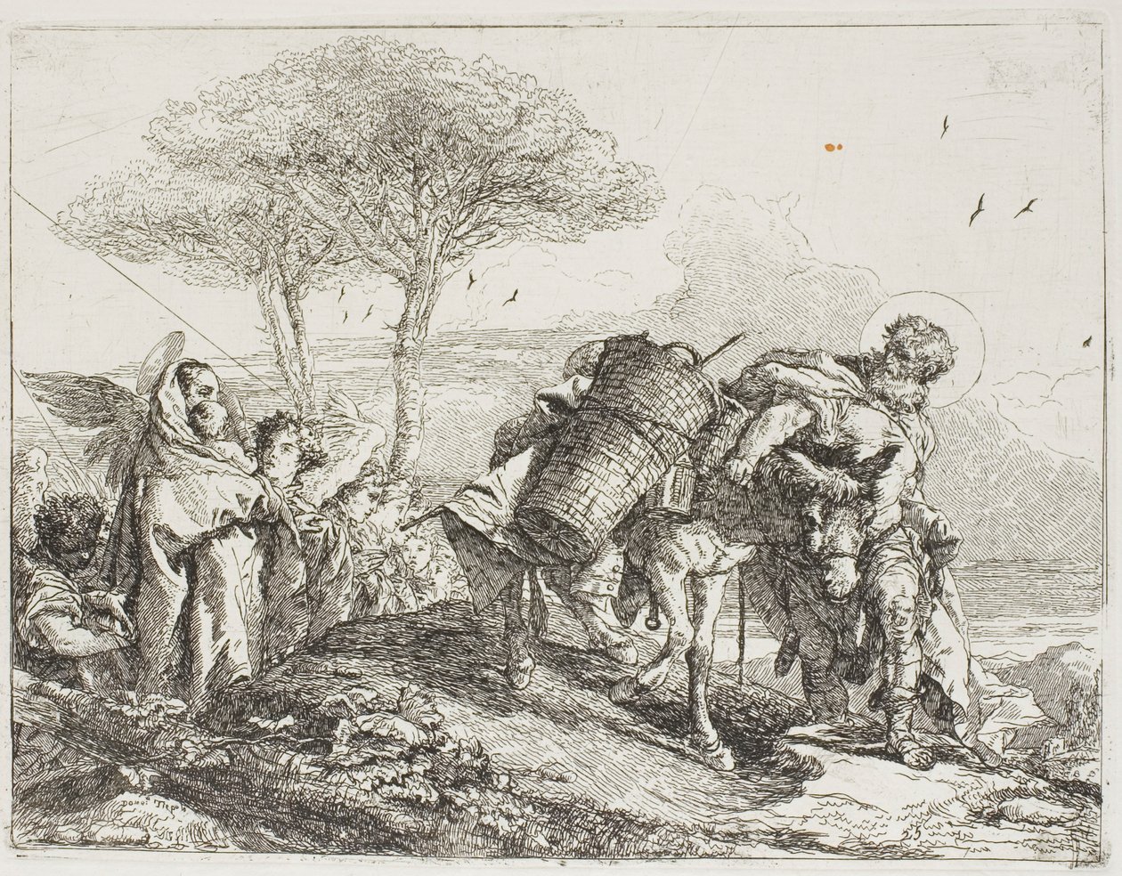 Mary, hjulpet af to engle, følger efter Josef med æslet, plade 25 fra Flugten til Egypten af Giovanni Domenico Tiepolo
