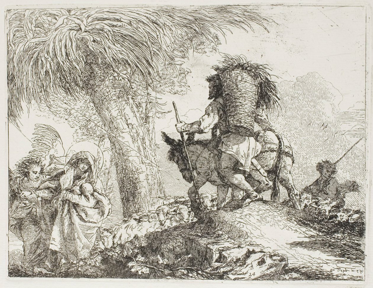 Mary, hjulpet af en engel, og Joseph, der bærer kurven, passerer en flok, plade 24 fra Flugten til Egypten af Giovanni Domenico Tiepolo